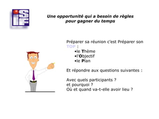 Une opportunité qui a besoin de règles
       pour gagner du temps




        Préparer sa réunion c’est Préparer son
        TOP :
            •le Thème
            •l'Objectif
            •le Plan

        Et répondre aux questions suivantes :

        Avec quels participants ?
        et pourquoi ?
        Où et quand va-t-elle avoir lieu ?
 