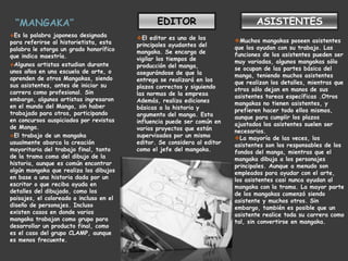Josei: es un género de manga y anime creado principalmente para las mujeres, para una audiencia de jóvenes y adultas. El equivalente masculino de este género es el Seinen. En japonés, la palabra Josei significa solamente "femenino" y no es indicativo de sexualidad. Las historias abarcan de experiencias diarias que las mujeres viven en Japón. Algunas cubren temas de mujeres de preparatoria y universidad, otras cubren las vidas de mujeres adultas. Este estilo tiende a ser más restringido, siendo la versión más realista del shojo.