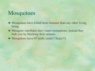 Mosquitoes Mosquitoes have killed more humans than any other living being. Mosquito repellants don’t repel mosquitoes, instead they hide you by blocking their sensors.  Mosquitoes have 47 teeth. (eeks!! Scary!!) 