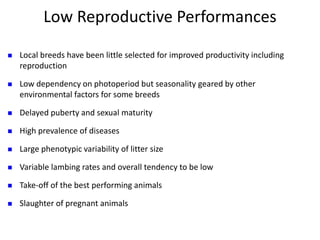 Low Reproductive Performances
 Local breeds have been little selected for improved productivity including
reproduction
 Low dependency on photoperiod but seasonality geared by other
environmental factors for some breeds
 Delayed puberty and sexual maturity
 High prevalence of diseases
 Large phenotypic variability of litter size
 Variable lambing rates and overall tendency to be low
 Take-off of the best performing animals
 Slaughter of pregnant animals
 