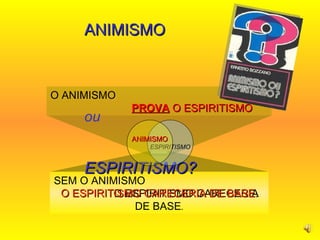 O ANIMISMO  PROVA  O ESPIRITISMO SEM O ANIMISMO  O ESPIRITISMO CARECERIA DE BASE . ANIMISMO  ou  ESPIRITISMO? ESPIRITISMO ANIMISMO O ESPIRITISMO CARECERIA DE BASE . 