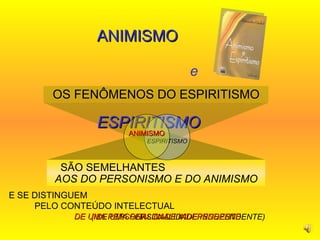 OS FENÔMENOS DO ESPIRITISMO SÃO SEMELHANTES   AOS DO PERSONISMO E DO ANIMISMO ANIMISMO  e   ESPIRITISMO E SE DISTINGUEM  PELO CONTEÚDO INTELECTUAL  ( DE UMA PERSONALIDADE INDEPENDENTE) ESPIRITISMO ANIMISMO DE UMA PERSONALIDADE INDEPENDENTE 