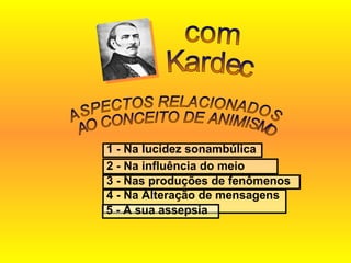 2 - Na influência do meio ASPECTOS RELACIONADOS AO CONCEITO DE ANIMISMO 3 - Nas produções de fenômenos 4 - Na Alteração de mensagens  5 - A sua assepsia 1 - Na lucidez sonambúlica com  Kardec 