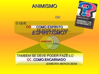O QUE  COMO   ESPÍRITO  SE PODE REALIZAR... ANIMISMO  ou   ESPIRITISMO? ESPIRITISMO ANIMISMO TAMBÉM SE DEVE PODER FAZÊ-LO  COMO   ENCARNADO   (EMBORA MENOS BEM) COMO ESPÍRITO COMO ENCARNADO 