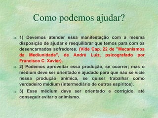 Como podemos ajudar? 1) Devemos atender essa manifestação com a mesma disposição de ajudar e reequilibrar que temos para com os desencarnados sofredores.  (Vide Cap. 22 de "Mecanismos da Mediunidade", de André Luiz, psicografado por Francisco C. Xavier). 2) Podemos aproveitar essa produção, se ocorrer; mas o médium deve ser orientado e ajudado para que não se vicie nessa produção anímica, se quiser trabalhar como verdadeiro médium (intermediário de outros espíritos). 3) Esse médium deve ser orientado e corrigido, até conseguir evitar o animismo. 