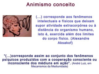 (...) corresponde aos fenômenos intelectuais e físicos que deixam supor atividade extracorpórea ou à distância do organismo humano, isto é, exercida além dos limites do corpo físico. (Alexandre Aksakof)  Animismo conceito “ (...)corresponde assim ao conjunto dos fenômenos psíquicos produzidos com a cooperação consciente ou inconsciente dos médiuns em ação”.   (André Luiz, em Mecanismos da Mediunidade) 