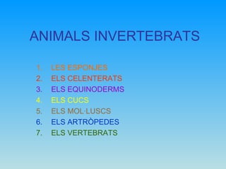 ANIMALS INVERTEBRATS
1. LES ESPONJES
2. ELS CELENTERATS
3. ELS EQUINODERMS
4. ELS CUCS
5. ELS MOL·LUSCS
6. ELS ARTRÒPEDES
7. ELS VERTEBRATS
 