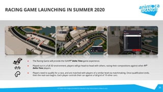 ● The Racing Game will provide the full F1®
Delta Time game experience.
● Played out in a full 3D environment, players will go head-to-head with others, racing their compositions against other F1®
Delta Time players.
● Players need to qualify for a race, and are matched with players of a similar level via matchmaking. Once qualiﬁcation ends,
then the real race begins. Each player controls their car against a full grid of 19 other cars.
RACING GAME LAUNCHING IN SUMMER 2020
F1®
Delta Time images provided for indication only; ﬁnal product is likely to vary. 36
 