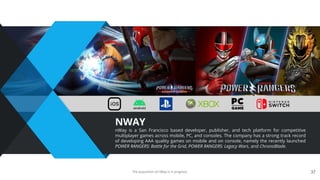 37
NWAY
nWay is a San Francisco based developer, publisher, and tech platform for competitive
multiplayer games across mobile, PC, and consoles. The company has a strong track record
of developing AAA quality games on mobile and on console, namely the recently launched
POWER RANGERS: Battle for the Grid, POWER RANGERS: Legacy Wars, and ChronoBlade.
The acquisition of nWay is in progress.
 