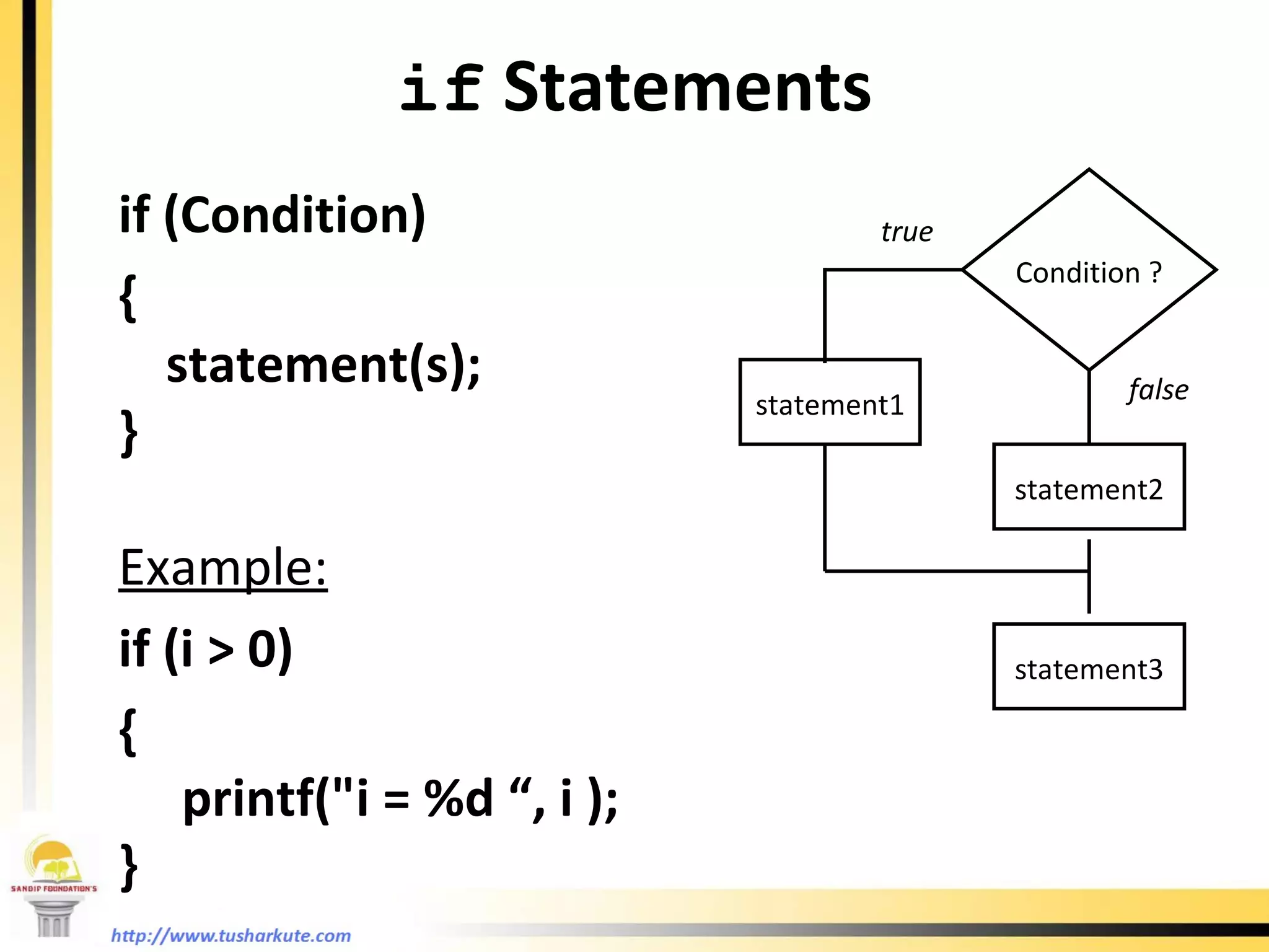 if  Statements if (Condition)  {  statement(s); } Example: if (i > 0)  {  printf(&quot;i = %d “, i ); } Condition ? statement1 statement2 statement3 true false 