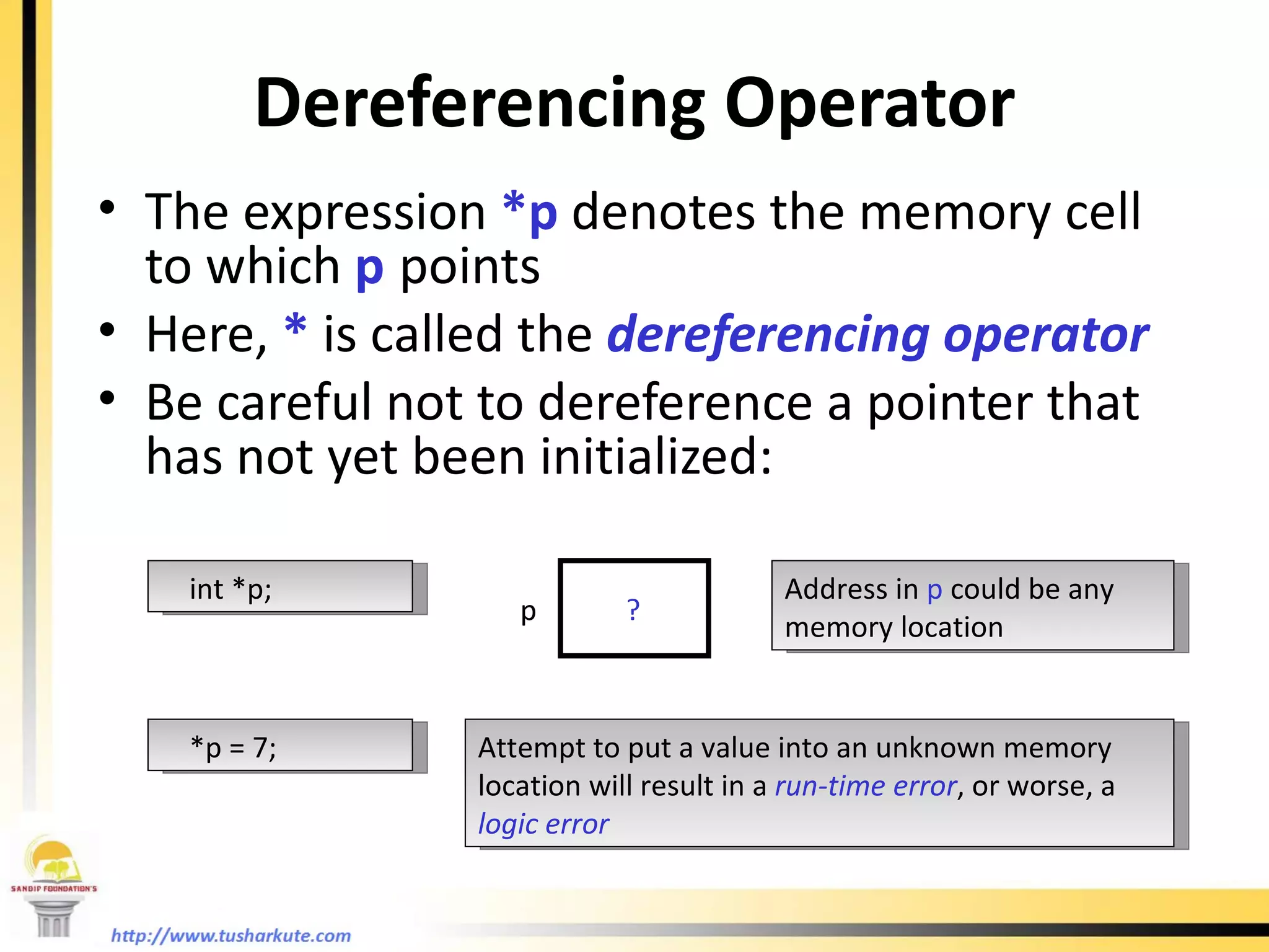 Dereferencing Operator The expression  *p  denotes the memory cell to which  p   points Here,  *  is called the  dereferencing operator Be careful not to dereference a pointer that has not yet been initialized: int *p; p ? *p = 7; Address in  p  could be any memory location Attempt to put a value into an unknown memory location will result in a  run-time error , or worse, a  logic error 