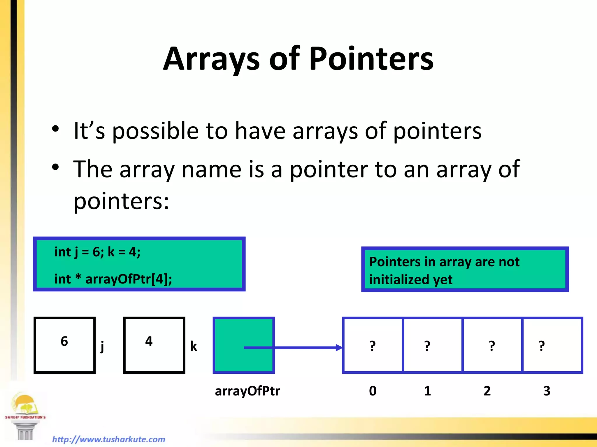 Arrays of Pointers It’s possible to have arrays of pointers The array name is a pointer to an array of pointers: int j = 6; k = 4; int * arrayOfPtr[4]; j k 6 4 arrayOfPtr ? ? ? ? 0 1 2 3 Pointers in array are not initialized yet 