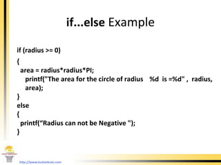 if...else  Example <ul><li>if (radius >= 0)  </li></ul><ul><li>{  </li></ul><ul><li>area = radius*radius*PI;  </li></ul><u...