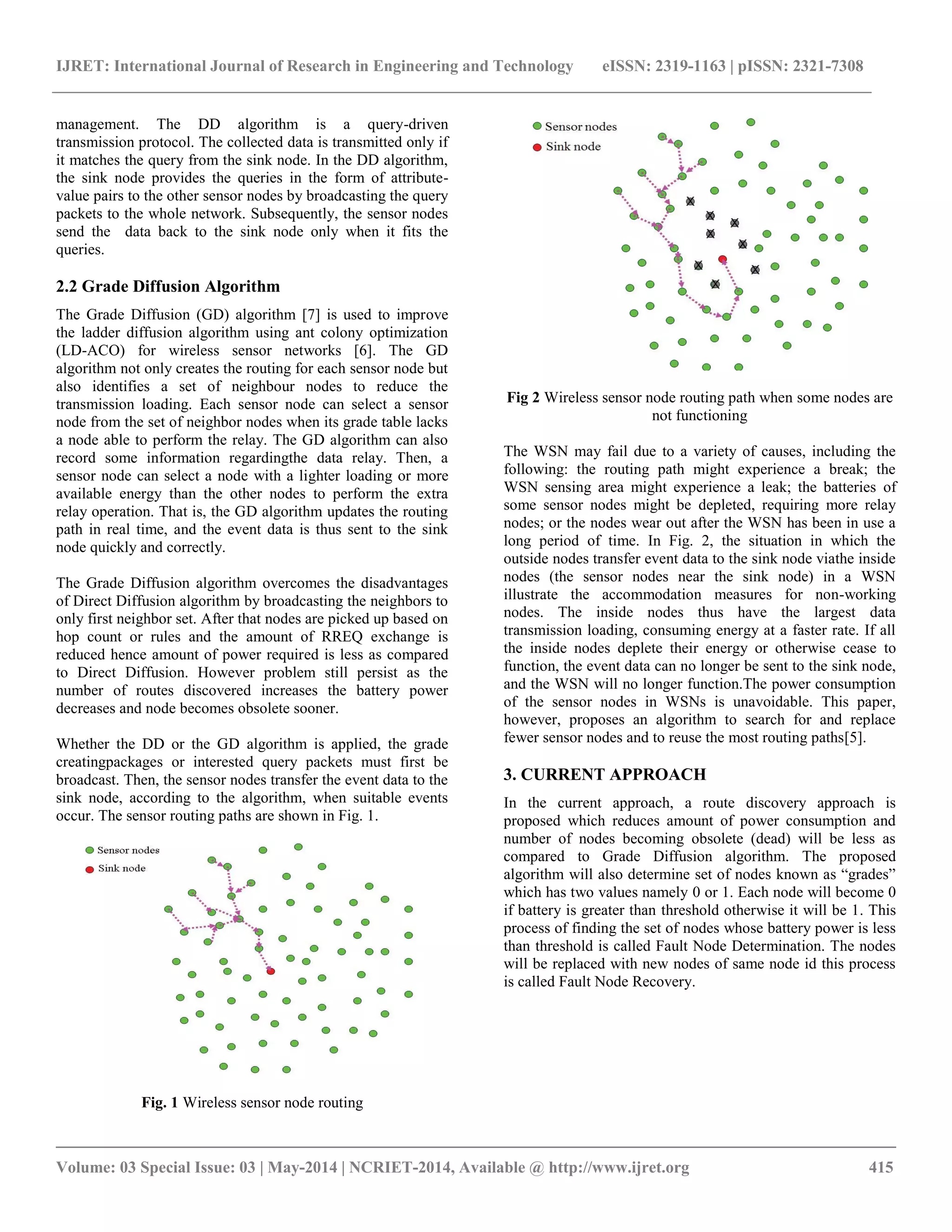 IJRET: International Journal of Research in Engineering and Technology eISSN: 2319-1163 | pISSN: 2321-7308 __________________________________________________________________________________________ Volume: 03 Special Issue: 03 | May-2014 | NCRIET-2014, Available @ http://www.ijret.org 415 management. The DD algorithm is a query-driven transmission protocol. The collected data is transmitted only if it matches the query from the sink node. In the DD algorithm, the sink node provides the queries in the form of attribute- value pairs to the other sensor nodes by broadcasting the query packets to the whole network. Subsequently, the sensor nodes send the data back to the sink node only when it fits the queries. 2.2 Grade Diffusion Algorithm The Grade Diffusion (GD) algorithm [7] is used to improve the ladder diffusion algorithm using ant colony optimization (LD-ACO) for wireless sensor networks [6]. The GD algorithm not only creates the routing for each sensor node but also identifies a set of neighbour nodes to reduce the transmission loading. Each sensor node can select a sensor node from the set of neighbor nodes when its grade table lacks a node able to perform the relay. The GD algorithm can also record some information regardingthe data relay. Then, a sensor node can select a node with a lighter loading or more available energy than the other nodes to perform the extra relay operation. That is, the GD algorithm updates the routing path in real time, and the event data is thus sent to the sink node quickly and correctly. The Grade Diffusion algorithm overcomes the disadvantages of Direct Diffusion algorithm by broadcasting the neighbors to only first neighbor set. After that nodes are picked up based on hop count or rules and the amount of RREQ exchange is reduced hence amount of power required is less as compared to Direct Diffusion. However problem still persist as the number of routes discovered increases the battery power decreases and node becomes obsolete sooner. Whether the DD or the GD algorithm is applied, the grade creatingpackages or interested query packets must first be broadcast. Then, the sensor nodes transfer the event data to the sink node, according to the algorithm, when suitable events occur. The sensor routing paths are shown in Fig. 1. Fig. 1 Wireless sensor node routing Fig 2 Wireless sensor node routing path when some nodes are not functioning The WSN may fail due to a variety of causes, including the following: the routing path might experience a break; the WSN sensing area might experience a leak; the batteries of some sensor nodes might be depleted, requiring more relay nodes; or the nodes wear out after the WSN has been in use a long period of time. In Fig. 2, the situation in which the outside nodes transfer event data to the sink node viathe inside nodes (the sensor nodes near the sink node) in a WSN illustrate the accommodation measures for non-working nodes. The inside nodes thus have the largest data transmission loading, consuming energy at a faster rate. If all the inside nodes deplete their energy or otherwise cease to function, the event data can no longer be sent to the sink node, and the WSN will no longer function.The power consumption of the sensor nodes in WSNs is unavoidable. This paper, however, proposes an algorithm to search for and replace fewer sensor nodes and to reuse the most routing paths[5]. 3. CURRENT APPROACH In the current approach, a route discovery approach is proposed which reduces amount of power consumption and number of nodes becoming obsolete (dead) will be less as compared to Grade Diffusion algorithm. The proposed algorithm will also determine set of nodes known as “grades” which has two values namely 0 or 1. Each node will become 0 if battery is greater than threshold otherwise it will be 1. This process of finding the set of nodes whose battery power is less than threshold is called Fault Node Determination. The nodes will be replaced with new nodes of same node id this process is called Fault Node Recovery. 