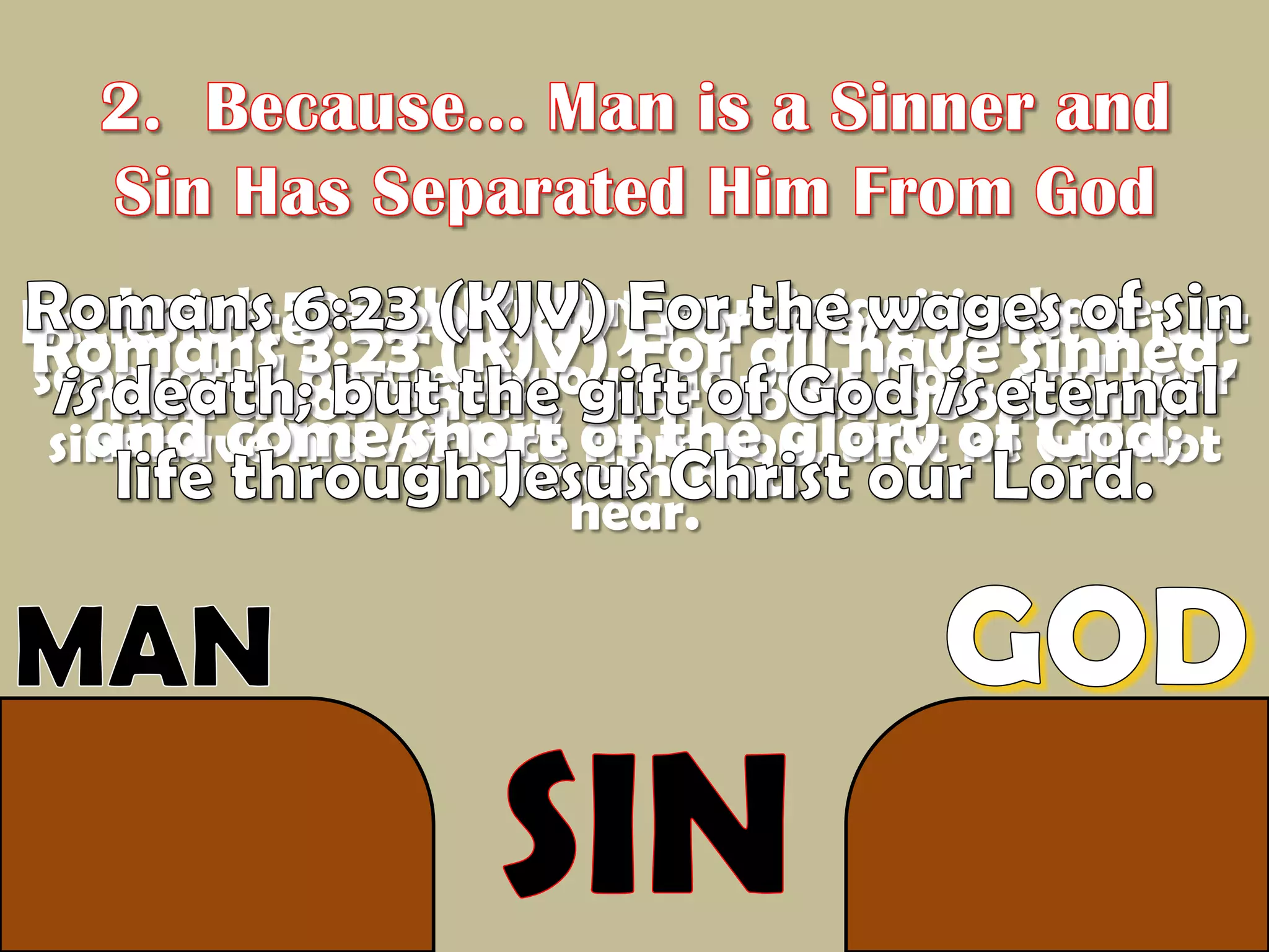 2.  Because... Man is a Sinner and Sin Has Separated Him From GodRomans 6:23 (KJV) For the wages of sin is death; but the gift of God is eternal life through Jesus Christ our Lord.Isaiah 59:2 (KJV) But your iniquities have separated between you and your God, and your sins have hid his face from you, that he will not hear. Ecclesiastes 7:20 (KJV) For there is not a just man upon earth, that doeth good, and sinneth not. Romans 3:23 (KJV) For all have sinned, and come short of the glory of God; GODMANSIN