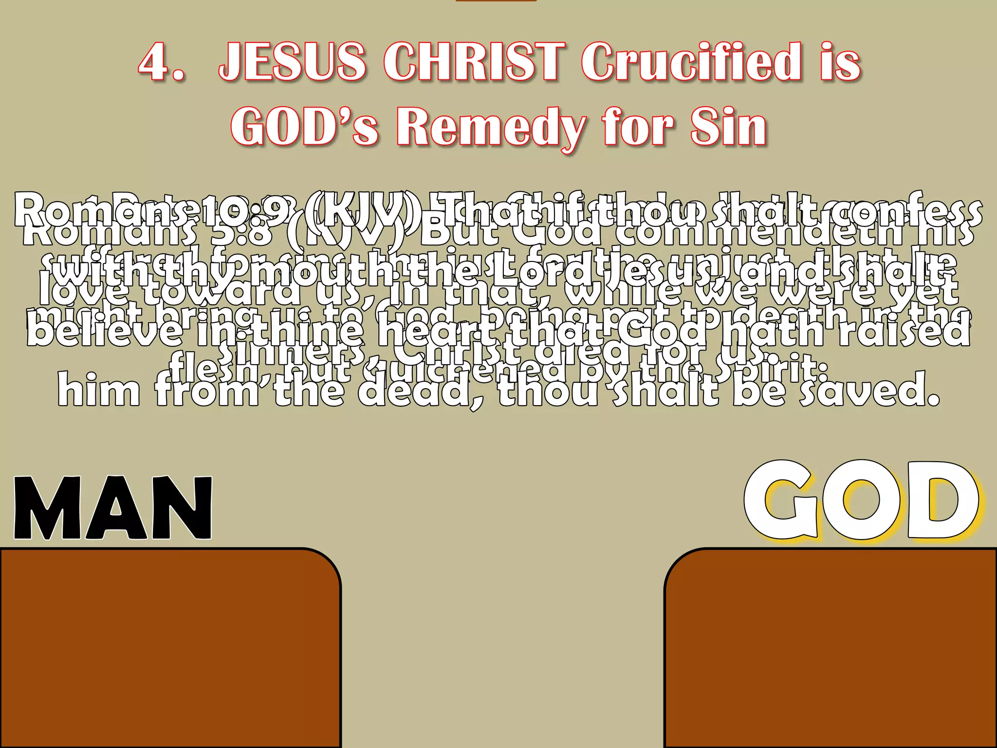 4.  JESUS CHRIST Crucified is GOD’s Remedy for SinRomans 10:9 (KJV) That if thou shalt confess with thy mouth the Lord Jesus, and shalt believe in thine heart that God hath raised him from the dead, thou shalt be saved.1 Peter 3:18 (KJV) For Christ also hath once suffered for sins, the just for the unjust, that he might bring us to God, being put to death in the flesh, but quickened by the Spirit: Romans 5:8 (KJV) But God commendeth his love toward us, in that, while we were yet sinners, Christ died for us. GODMANJESUS  CHRIST