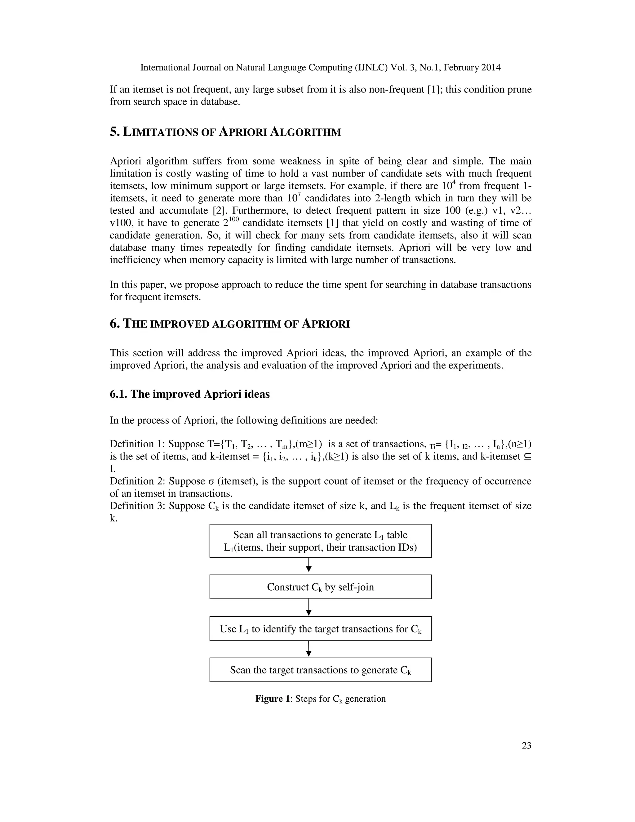 International Journal on Natural Language Computing (IJNLC) Vol. 3, No.1, February 2014
23
If an itemset is not frequent, any large subset from it is also non-frequent [1]; this condition prune
from search space in database.
5. LIMITATIONS OF APRIORI ALGORITHM
Apriori algorithm suffers from some weakness in spite of being clear and simple. The main
limitation is costly wasting of time to hold a vast number of candidate sets with much frequent
itemsets, low minimum support or large itemsets. For example, if there are 104
from frequent 1-
itemsets, it need to generate more than 107
candidates into 2-length which in turn they will be
tested and accumulate [2]. Furthermore, to detect frequent pattern in size 100 (e.g.) v1, v2…
v100, it have to generate 2100
candidate itemsets [1] that yield on costly and wasting of time of
candidate generation. So, it will check for many sets from candidate itemsets, also it will scan
database many times repeatedly for finding candidate itemsets. Apriori will be very low and
inefficiency when memory capacity is limited with large number of transactions.
In this paper, we propose approach to reduce the time spent for searching in database transactions
for frequent itemsets.
6. THE IMPROVED ALGORITHM OF APRIORI
This section will address the improved Apriori ideas, the improved Apriori, an example of the
improved Apriori, the analysis and evaluation of the improved Apriori and the experiments.
6.1. The improved Apriori ideas
In the process of Apriori, the following definitions are needed:
Definition 1: Suppose T={T1, T2, … , Tm},(m≥1) is a set of transactions, Ti= {I1, I2, … , In},(n≥1)
is the set of items, and k-itemset = {i1, i2, … , ik},(k≥1) is also the set of k items, and k-itemset ⊆
I.
Definition 2: Suppose σ (itemset), is the support count of itemset or the frequency of occurrence
of an itemset in transactions.
Definition 3: Suppose Ck is the candidate itemset of size k, and Lk is the frequent itemset of size
k.
Scan all transactions to generate L1 table
L1(items, their support, their transaction IDs)
Construct Ck by self-join
Use L1 to identify the target transactions for Ck
Scan the target transactions to generate Ck
Figure 1: Steps for Ck generation
 