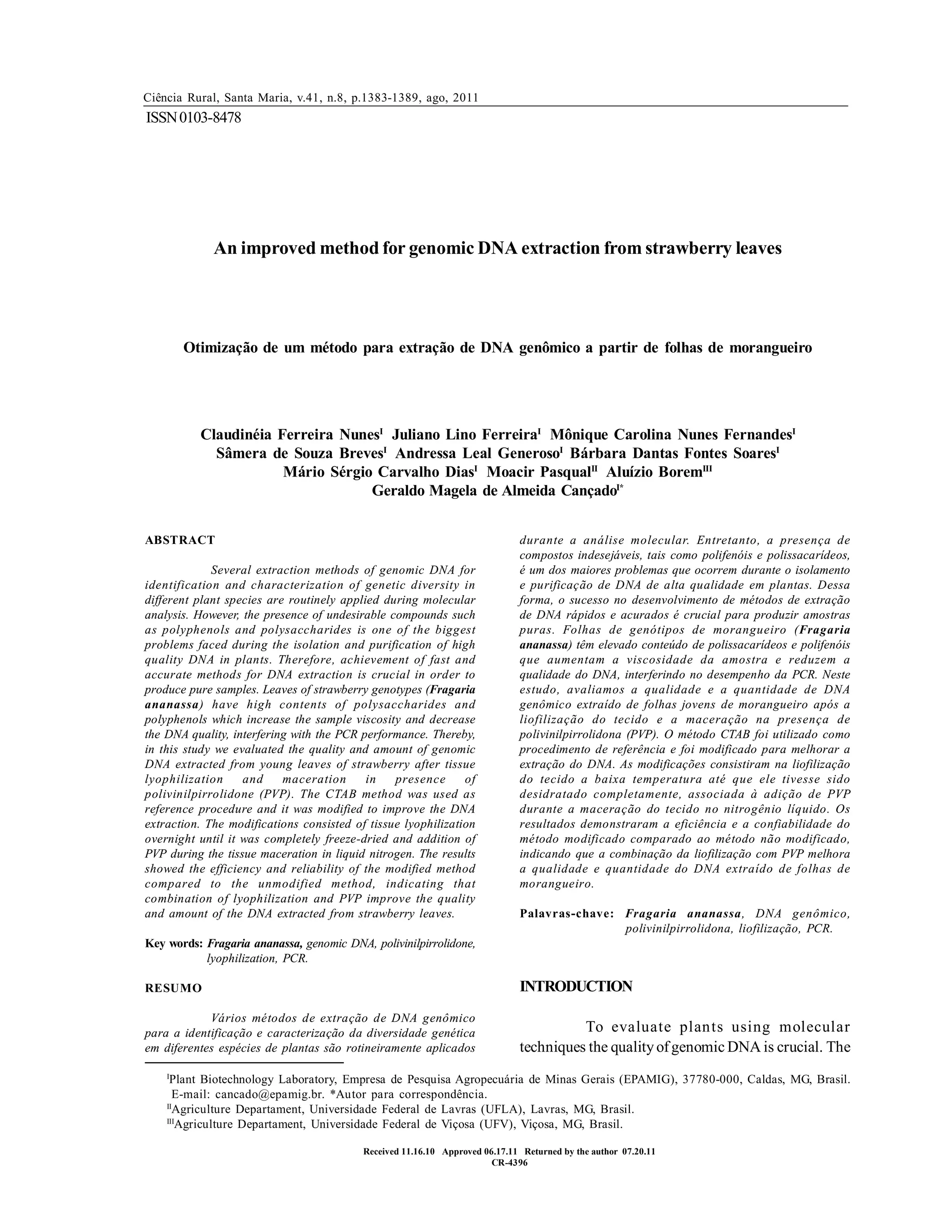 An improved method for genomic dna extraction from strawberry leaves | PDF