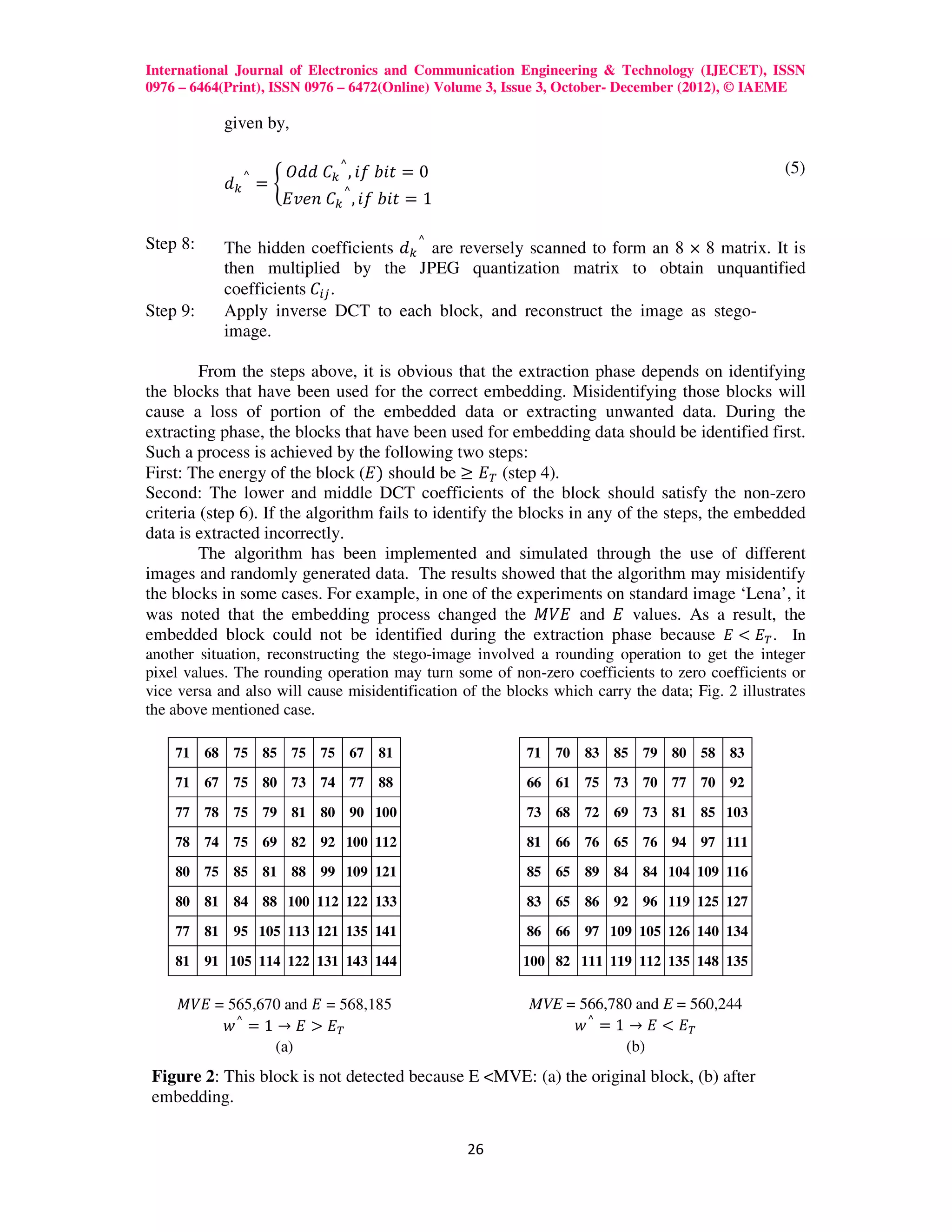 International Journal of Electronics and Communication Engineering & Technology (IJECET), ISSN
0976 – 6464(Print), ISSN 0976 – 6472(Online) Volume 3, Issue 3, October- December (2012), © IAEME

               given by,

                        ܱ݀݀	‫ܥ‬௞ ⌃ , ݂݅	ܾ݅‫0 = ݐ‬                                                      (5)
               ݀௞ ⌃ = ቊ
                       ‫ܥ	݊݁ݒܧ‬௞ ⌃ , ݂݅	ܾ݅‫1 = ݐ‬

Step 8:        The hidden coefficients ݀௞ ⌃ are reversely scanned to form an 8 × 8 matrix. It is
               then multiplied by the JPEG quantization matrix to obtain unquantified
               coefficients	‫ܥ‬௜௝ .
Step 9:        Apply inverse DCT to each block, and reconstruct the image as stego-
               image.

         From the steps above, it is obvious that the extraction phase depends on identifying
the blocks that have been used for the correct embedding. Misidentifying those blocks will
cause a loss of portion of the embedded data or extracting unwanted data. During the
extracting phase, the blocks that have been used for embedding data should be identified first.
Such a process is achieved by the following two steps:
First: The energy of the block (‫ )ܧ‬should be ≥ ‫( ்ܧ‬step 4).
Second: The lower and middle DCT coefficients of the block should satisfy the non-zero
criteria (step 6). If the algorithm fails to identify the blocks in any of the steps, the embedded
data is extracted incorrectly.
         The algorithm has been implemented and simulated through the use of different
images and randomly generated data. The results showed that the algorithm may misidentify
the blocks in some cases. For example, in one of the experiments on standard image ‘Lena’, it
was noted that the embedding process changed the ‫ ܧܸܯ‬and ‫ ܧ‬values. As a result, the
embedded block could not be identified during the extraction phase because ‫ . ்ܧ < ܧ‬In
another situation, reconstructing the stego-image involved a rounding operation to get the integer
pixel values. The rounding operation may turn some of non-zero coefficients to zero coefficients or
vice versa and also will cause misidentification of the blocks which carry the data; Fig. 2 illustrates
the above mentioned case.

    71    68    75 85 75    75 67    81                    71   70   83   85   79 80 58    83

    71    67    75 80 73    74 77    88                    66   61   75   73   70 77 70    92

    77    78    75 79 81    80 90 100                      73   68   72   69   73 81 85 103

    78    74    75 69 82    92 100 112                     81   66   76   65   76 94 97 111

    80    75    85 81 88    99 109 121                     85   65   89   84   84 104 109 116

    80    81    84 88 100 112 122 133                      83   65   86   92   96 119 125 127

    77    81    95 105 113 121 135 141                     86   66   97 109 105 126 140 134

    81    91 105 114 122 131 143 144                      100 82 111 119 112 135 148 135

    ‫ 076,565 =	ܧܸܯ‬and ‫581,865 = ܧ‬                          MVE = 566,780 and E = 560,244
         ‫்ܧ > ܧ → 1 = ⌃ ݓ‬                                       ‫்ܧ < ܧ → 1 = ⌃ ݓ‬
                 (a)                                                   (b)
Figure 2: This block is not detected because E <MVE: (a) the original block, (b) after
embedding.

                                                  26
 
