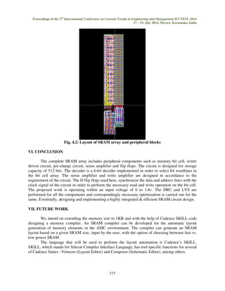 Proceedings of the 2nd International Conference on Current Trends in Engineering and Management ICCTEM -2014 
17 – 19, July 2014, Mysore, Karnataka, India 
Fig. 4.2: Layout of SRAM array and peripheral blocks 
115 
VI. CONCLUSION 
The complete SRAM array includes peripheral components such as memory bit cell, writer 
driven circuit, pre-charge circuit, sense amplifier and flip flops. The circuit is designed for storage 
capacity of 512 bits. The decoder is a 6:64 decoder implemented in order to select 64 wordlines in 
the bit cell array. The sense amplifier and write amplifier are designed in accordance to the 
requirement of the circuit. The D flip flops used here, synchronize the data and address lines with the 
clock signal of the circuit in order to perform the necessary read and write operation on the bit cell. 
The proposed work is operating within an input voltage of 0 to 1.8v. The DRC and LVS are 
performed for all the components and correspondingly necessary optimization is carried out for the 
same. Eventually, designing and implementing a highly integrated  efficient SRAM circuit design. 
VII. FUTURE WORK 
We intend on extending the memory size to 1KB and with the help of Cadence SKILL code 
designing a memory compiler. An SRAM compiler can be developed for the automatic layout 
generation of memory elements in the ASIC environment. The compiler can generate an SRAM 
layout based on a given SRAM size, input by the user, with the option of choosing between fast vs. 
low-power SRAM. 
The language that will be used to perform the layout automation is Cadence’s SKILL. 
SKILL, which stands for Silicon Compiler Interface Language, has tool specific functions for several 
of Cadence Suites –Virtuoso (Layout Editor) and Composer (Schematic Editor), among others. 
 