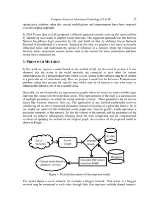 Computer Science & Information Technology (CS & IT) 27
optimization problem. After this several modifications and improvements have been proposed
over this original approach.
In 2010 Tieyun Qian et.al [8] proposed a different approach towards studying the same problem
by identifying seed nodes in implicit social networks. The suggested approach uses the Reverse
Nearest Neighbours logic presented by [4], and build on that by defining Social Network
Potential of an individual in a network. Inspired by this idea, we propose a new model to identify
influential nodes and understand the spread of influence in a network where the connections
between actors incorporate various factors such as the reasons for these connections and how
strong these connections are.
3. PROPOSED METHOD
In this work we propose a model based on the method of [8]. As discussed in section 1 it was
observed that the actors in the social networks are connected to each other for various
interest/reasons. So a product/idea/event, which is to be 'spread' in the network, may be of interest
to a particular set of individuals only. Here we propose a model for the Influence Maximization
problem taking into account the specific area which may be of interest to one who wants to
influence the network, out of the available areas.
Generally, the social networks are represented as graphs where the nodes are actors and the edges
represent the connections between these actors. This representation of the edge is a accumulation
of multiple parameters on which the social network is based. These parameters are of diverse
nature like location, interests, likes etc. The application of any method traditionally involves
considering all the above mentioned parameters instead of focusing on a particular interest. So in
our model we converted the traditional social graph into “interest graph”, which represents a
particular interest(s) of the network. By this the volume of the network and the parameters of the
network are reduced subsequently bringing down the time complexity and the computational
overhead of applying the method on the original graph. An overview of the proposed model is
shown in Figure 1.
Figure 1. Pictorial description of the proposed model
The model shows a social network, for example a blogger network. Now actors in a blogger
network may be connected to each other through links that represent multiple shared interests.
 