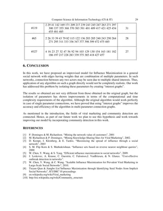Computer Science & Information Technology (CS & IT) 29
#119
2 29 41 142 169 171 209 217 239 243 245 247 263 271 297
300 337 355 368 370 383 391 401 409 417 421 425 454
455 481 485
31
#65 2 26 33 39 43 79 82 115 122 136 203 205 240 243 250 264
271 295 311 333 336 347 377 398 399 472 475 485
28
#327 4 16 23 27 32 47 56 92 94 103 129 130 154 163 181 182
186 197 217 228 283 339 375 385 418 427 457
27
6. CONCLUSION
In this work, we have proposed an improvised model for Influence Maximization in a general
social network with edges having weights that are combination of multiple parameters. In such
networks, connection between any two actors may be seen due to multiple shared interests. Thus,
application of any algorithm on such a graph directly would not be completely realistic. Our work
has addressed this problem by isolating these parameters by creating “interest graphs”.
The results so obtained are not very different from those obtained on the original graph, but the
isolation of parameters has shown improvements in terms of the computational and time
complexity requirements of the algorithm. Although the original algorithm would work perfectly
in case of single parameter connections, we have proved that using “interest graphs” improves the
accuracy and efficiency of the algorithm in multi parameter connection graphs.
As mentioned in the introduction, the fields of viral marketing and community detection are
connected. Hence, as part of our future work we plan to use this hypothesis and work towards
improving our model by incorporating community detection in this work.
REFERENCES
[1] P. Domingos & M. Richardson. “Mining the network value of customers”, 2001
[2] M. Richardson & P. Domingos. “Mining Knowledge-Sharing Sites for Viral Marketing”, 2002.
[3] D. Kempe, J. Kleinberg, & E. Tardos. “Maximizing the spread of influence through a social
network”, 2003
[4] S. M. Flip Korn & S. Muthukrishnan. “Influence sets based on reverse nearest neighbour queries”,
2000
[5] W. Chen, Y. Wang, & S. Yang. “Efficient influence maximization in social networks”, 2009.
[6] J. Leskovec, A. Krause, C. Guestrin, C. Faloutsos,J. VanBriesen, & N. Glance. “Cost-effective
outbreak detection in networks”.
[7] W. Chen, Y. Wang, & C. Wang. “Scalable Influence Maximization for Prevalent Viral Marketing in
Large-Scale Social Networks”, 2010.
[8] Tieyun Qian & Jiangbo Liu“Influence Maximization through Identifying Seed Nodes from Implicit
Social Networks”, ICUIMC’10 proceedings
[9] en.wikipedia.org/wiki/Viral_marketing
[10] http://en.wikipedia.org/wiki/Community_structure
 