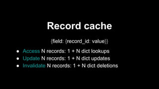 Record cache
● Access N records: 1 + N dict lookups
● Update N records: 1 + N dict updates
● Invalidate N records: 1 + N dict deletions
{field: {record_id: value}}
 