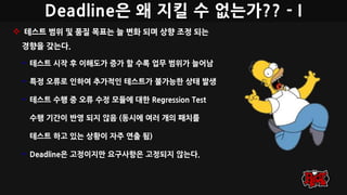 Deadline은 왜 지킬 수 없는가?? - I
 테스트 범위 및 품질 목표는 늘 변화 되며 상향 조정 되는
경향을 갖는다.
• 테스트 시작 후 이해도가 증가 할 수록 업무 범위가 늘어남
• 특정 오류로 인하여 추가적인 테스트가 불가능한 상태 발생
• 테스트 수행 중 오류 수정 모듈에 대한 Regression Test
수행 기간이 반영 되지 않음 (동시에 여러 개의 패치를
테스트 하고 있는 상황이 자주 연출 됨)
• Deadline은 고정이지만 요구사항은 고정되지 않는다.
 