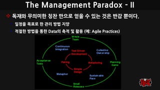 The Management Paradox - II
 독재와 무의미한 칭찬 만으로 얻을 수 있는 것은 반감 뿐이다.
• 일정을 목표로 한 관리 방법 지양
• 적절한 방법을 통한 Data의 축적 및 활용 (예: Agile Practices)
 
