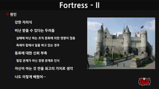 Fortress - II
 원인
• 강한 자의식
• 비난 받을 수 있다는 두려움
• 실패에 비난 하는 조직 문화에 의한 영향이 많음
• 독재자 밑에서 일을 하고 있는 경우
• 동료에 대한 신뢰 부족
• 협업 관계가 아닌 경쟁 관계로 인식
• 자신이 아는 것 만을 최고의 가치로 생각
• 나도 이렇게 배웠어…
 