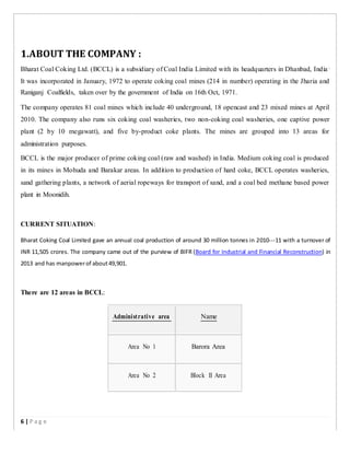 1.ABOUT THE COMPANY :
Bharat Coal Coking Ltd. (BCCL) is a subsidiary of Coal India Limited with its headquarters in Dhanbad, India .
It was incorporated in January, 1972 to operate coking coal mines (214 in number) operating in the Jharia and
Raniganj Coalfields, taken over by the government of India on 16th Oct, 1971.
The company operates 81 coal mines which include 40 underground, 18 opencast and 23 mixed mines at April
2010. The company also runs six coking coal washeries, two non-coking coal washeries, one captive power
plant (2 by 10 megawatt), and five by-product coke plants. The mines are grouped into 13 areas for
administration purposes.
BCCL is the major producer of prime coking coal (raw and washed) in India. Medium coking coal is produced
in its mines in Mohuda and Barakar areas. In addition to production of hard coke, BCCL operates washeries,
sand gathering plants, a network of aerial ropeways for transport of sand, and a coal bed methane based power
plant in Moonidih.
CURRENT SITUATION:
Bharat Coking Coal Limited gave an annual coal production of around 30 million tonnes in 2010-­­11 with a turnover of
INR 11,505 crores. The company came out of the purview of BIFR (Board for Industrial and Financial Reconstruction) in
2013 and has manpowerof about49,901.
There are 12 areas in BCCL:
Administrative area Name
Area No 1 Barora Area
Area No 2 Block II Area
6 | P a g e
 