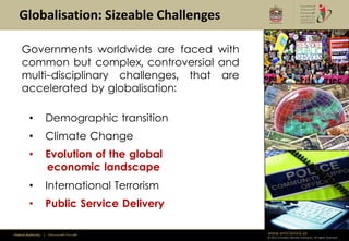 Globalisation: Sizeable Challenges

     Governments worldwide are faced with
     common but complex, controversial and
     multi-disciplinary challenges, that are
     accelerated by globalisation:

         •           Demographic transition
         •           Climate Change                      Climate Change
         •           Evolution of the global
                     economic landscape
         •           International Terrorism
         •           Public Service Delivery

Federal Authority   | ‫هيئــــــــة اتحــــــــــــادية‬           www.emiratesid.ae
                                                                 © 2012 Emirates Identity Authority. All rights reserved
 
