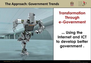 The Approach: Government Trends

                                                          Transformation
                                                             Through
                                                          e-Government

                                                             ... Using the
                                                          Internet and ICT
                                                         to develop better
                                                            government .


Federal Authority   | ‫هيئــــــــة اتحــــــــــــادية‬          www.emiratesid.ae
                                                                © 2012 Emirates Identity Authority. All rights reserved
 