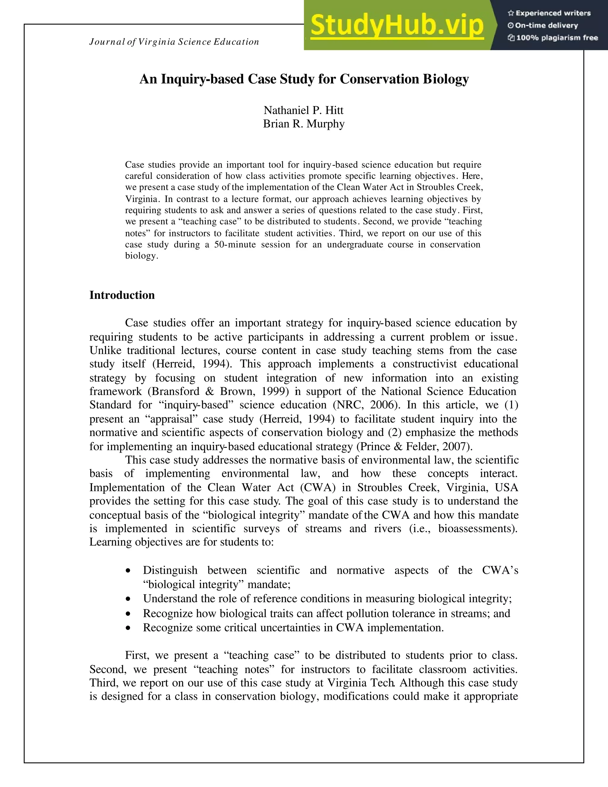 An Inquiry-Based Case Study For Conservation Biology | PDF