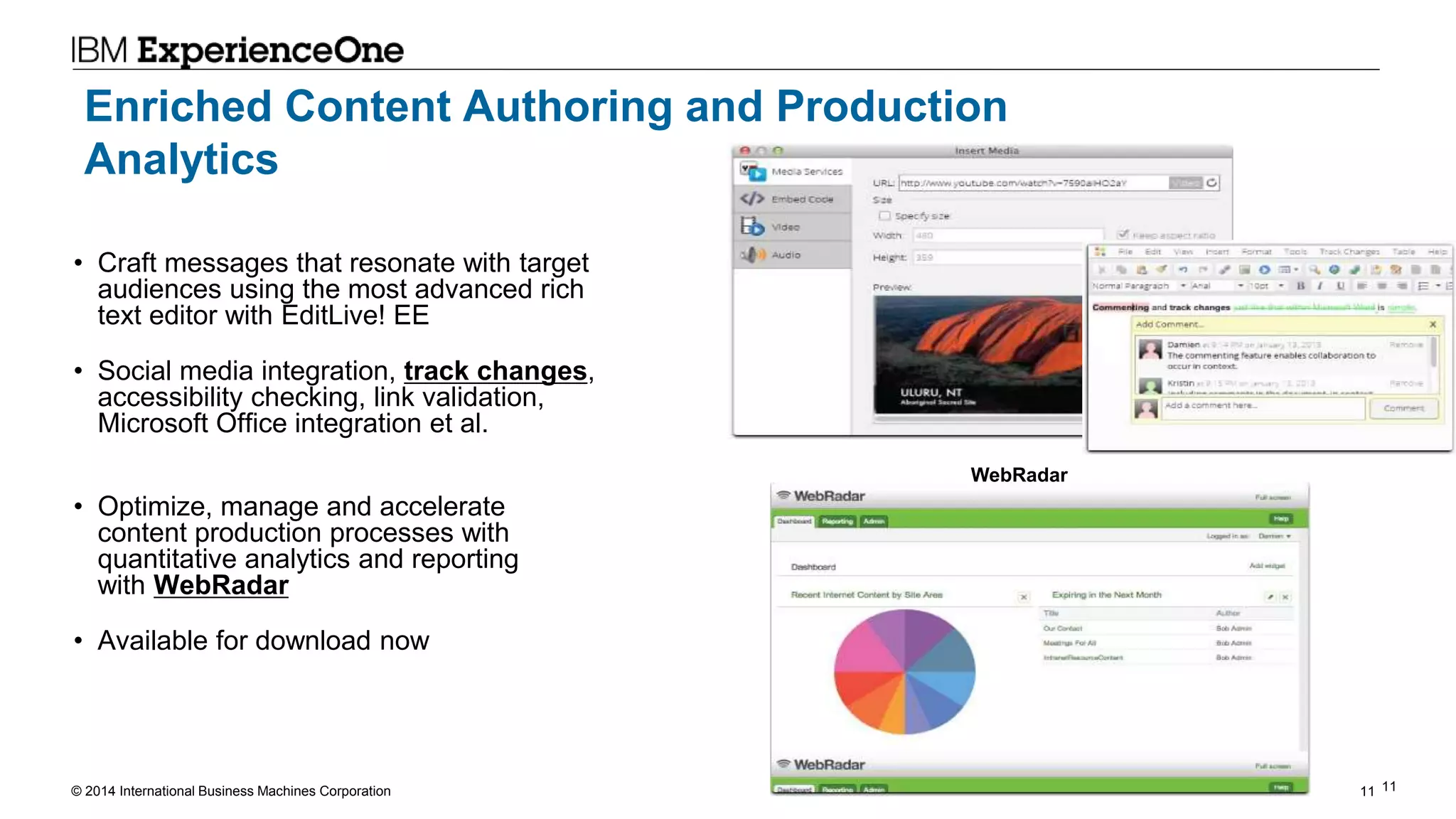 © 2014 International Business Machines Corporation 11 11
WebRadar
Enriched Content Authoring and Production
Analytics
• Craft messages that resonate with target
audiences using the most advanced rich
text editor with EditLive! EE
• Social media integration, track changes,
accessibility checking, link validation,
Microsoft Office integration et al.
• Optimize, manage and accelerate
content production processes with
quantitative analytics and reporting
with WebRadar
• Available for download now
 