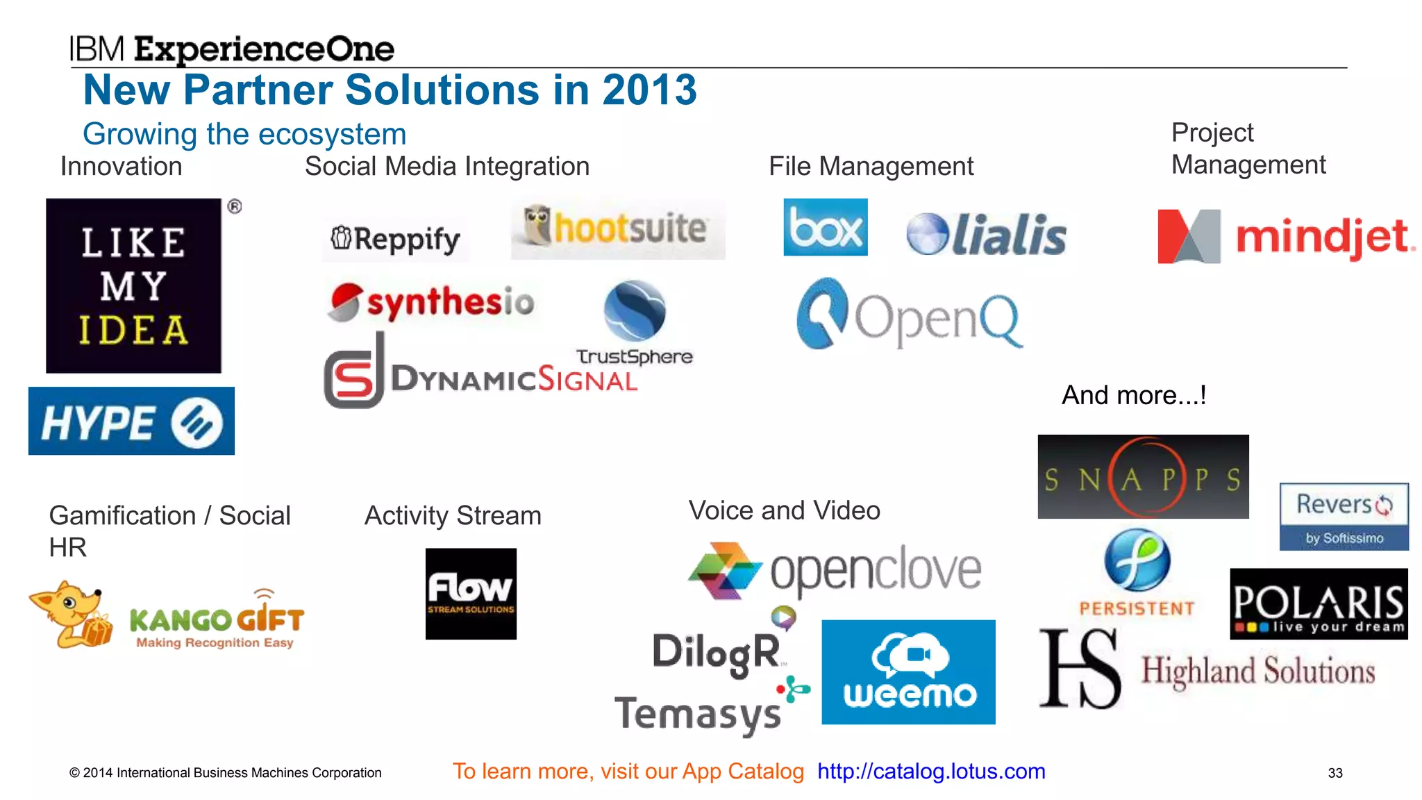 © 2014 International Business Machines Corporation 33
New Partner Solutions in 2013
Growing the ecosystem
To learn more, visit our App Catalog http://catalog.lotus.com
And more...!
Innovation Social Media Integration File Management
Gamification / Social
HR
Activity Stream Voice and Video
Project
Management
 