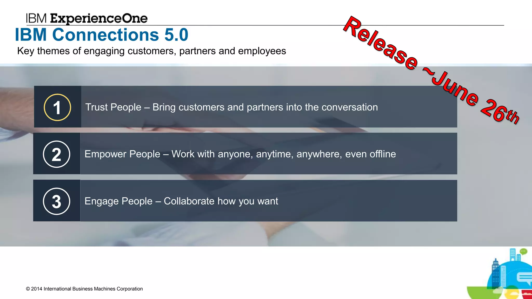 © 2014 International Business Machines Corporation 35
IBM Connections 5.0
1 Trust People – Bring customers and partners into the conversation
2 Empower People – Work with anyone, anytime, anywhere, even offline
3 Engage People – Collaborate how you want
Key themes of engaging customers, partners and employees
 