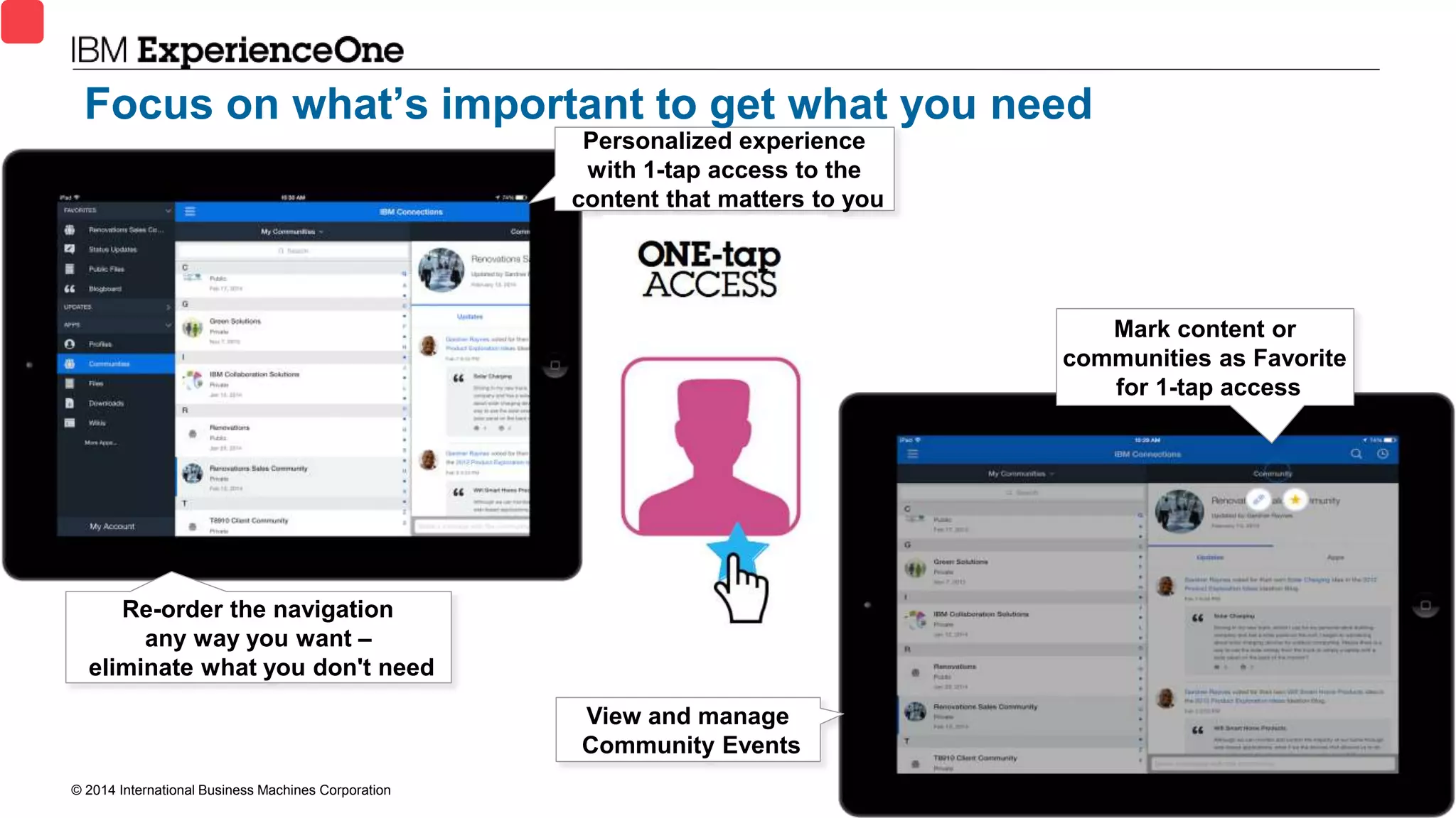 © 2014 International Business Machines Corporation 54
Personalized experience
with 1-tap access to the
content that matters to you
Mark content or
communities as Favorite
for 1-tap access
Re-order the navigation
any way you want –
eliminate what you don't need
View and manage
Community Events
Focus on what’s important to get what you need
 