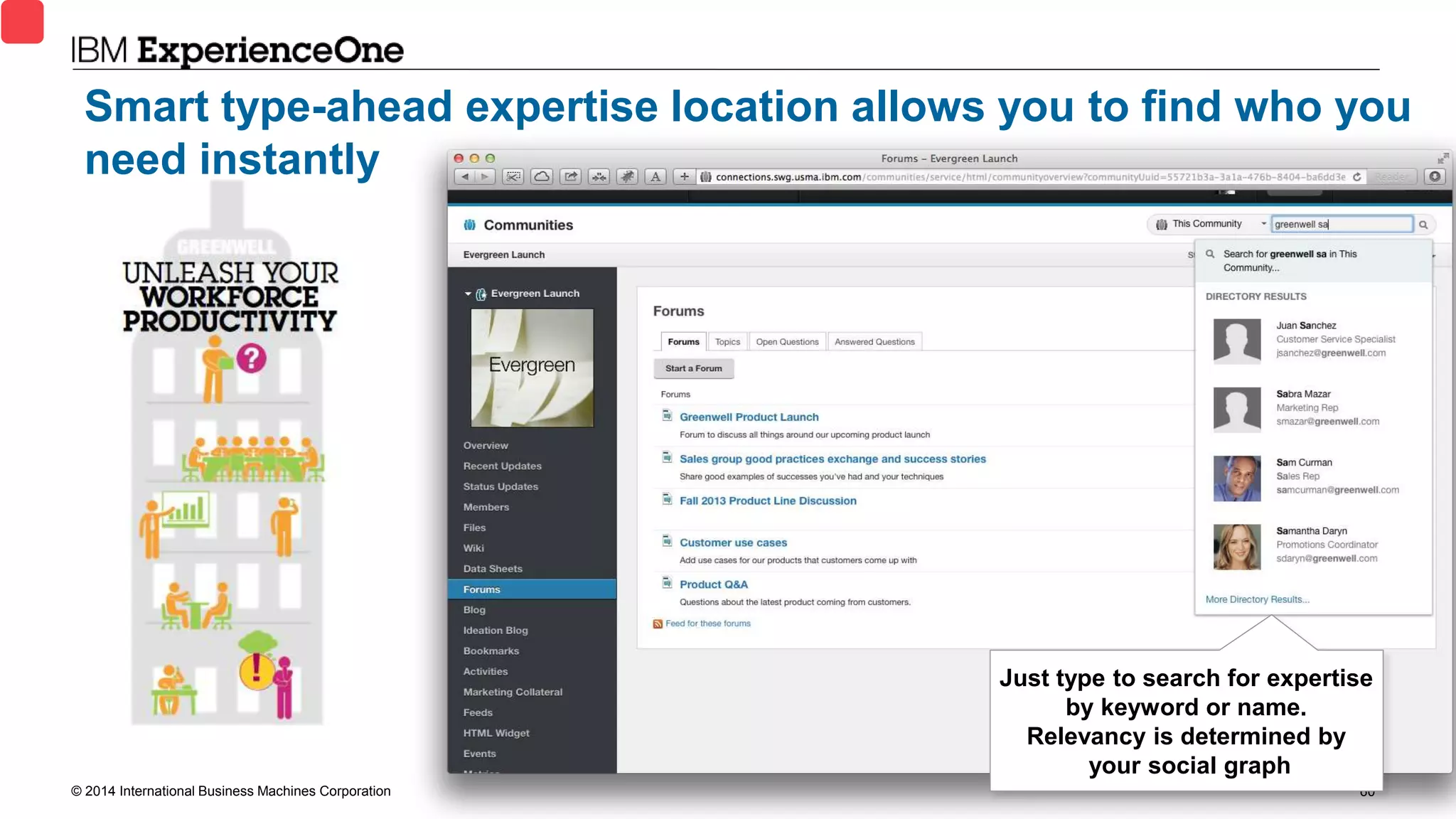 © 2014 International Business Machines Corporation 60
Smart type-ahead expertise location allows you to find who you
need instantly
Just type to search for expertise
by keyword or name.
Relevancy is determined by
your social graph
 