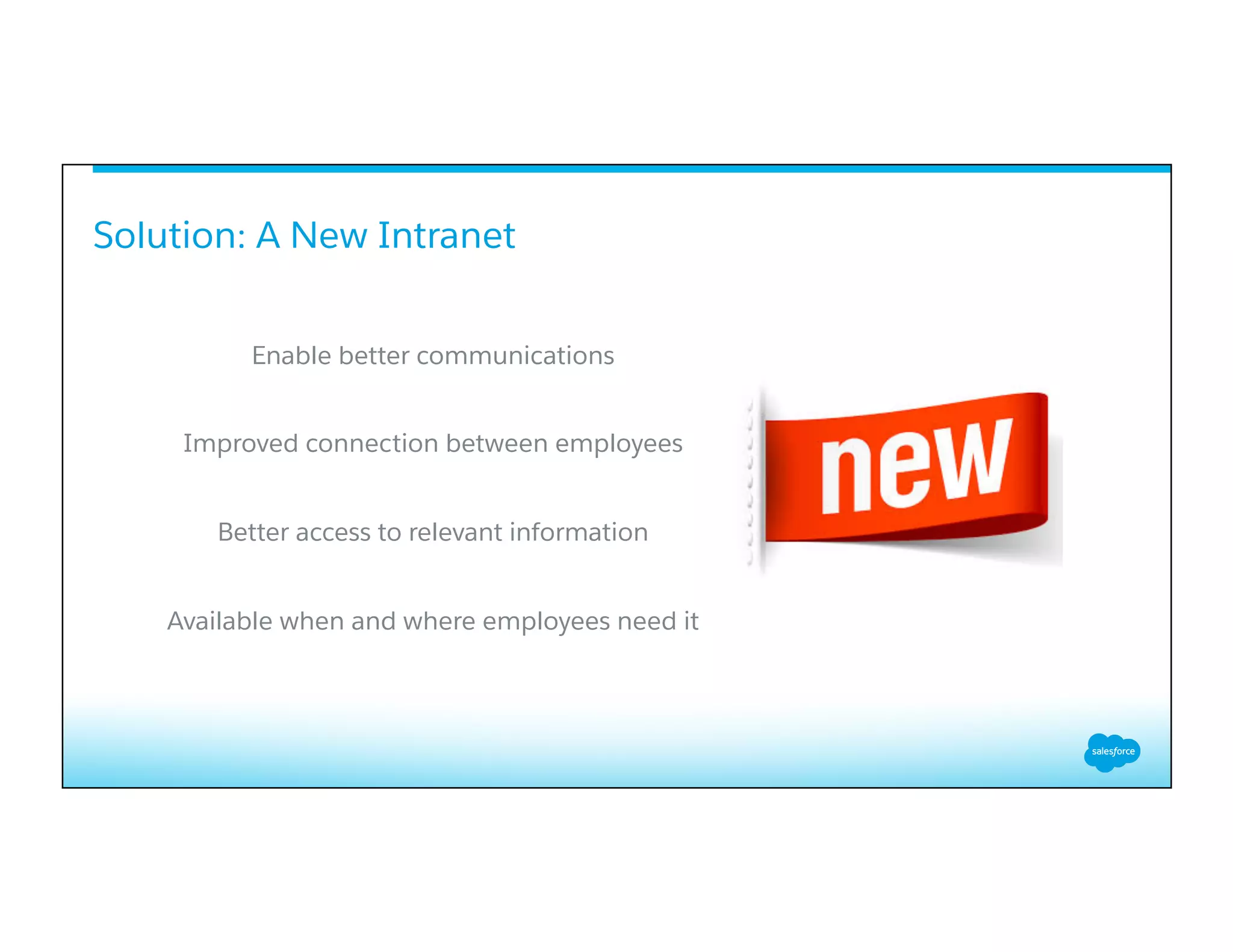 Enable better communications
Improved connection between employees
Better access to relevant information
Available when and where employees need it
Solution: A New Intranet
 