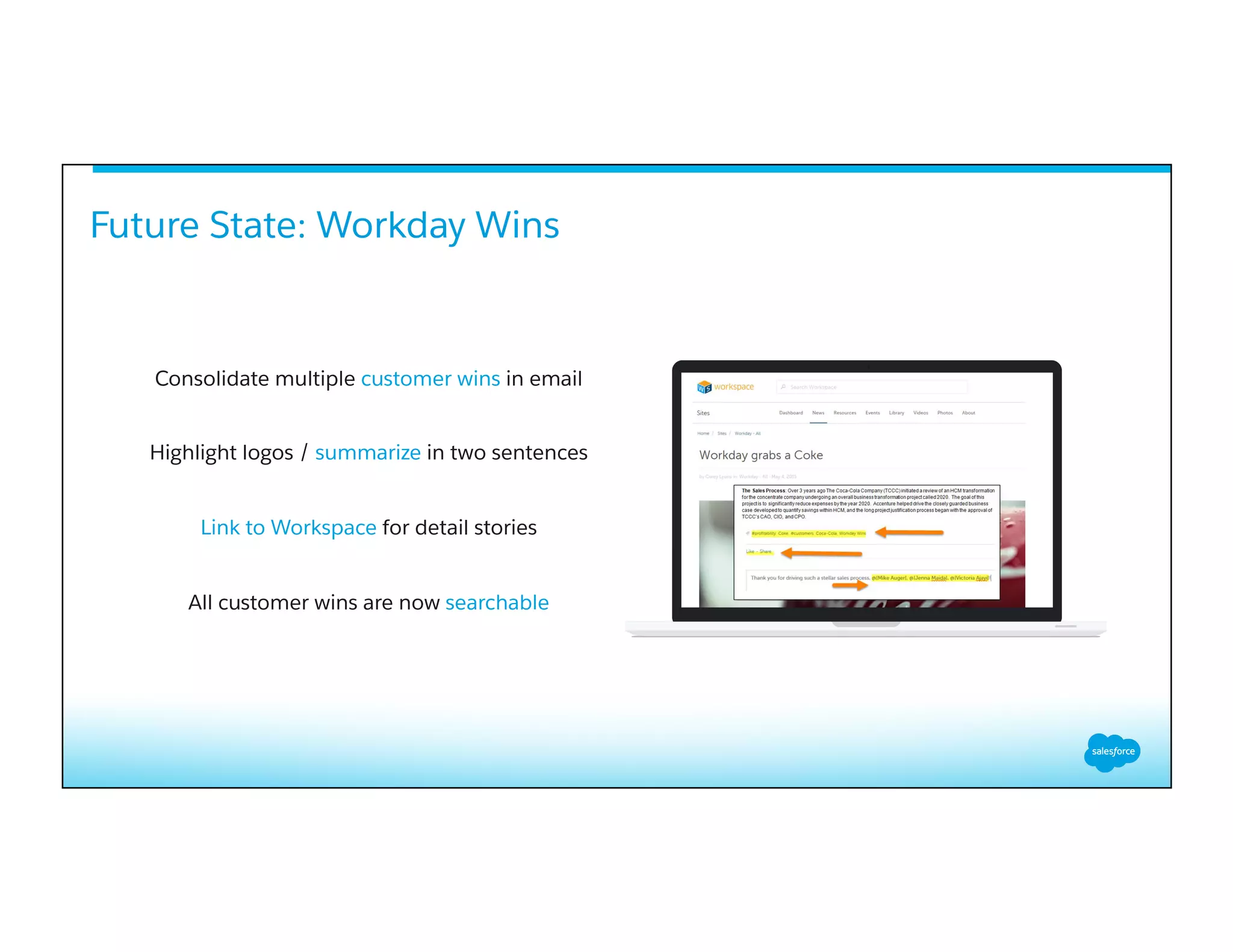 Future State: Workday Wins
Consolidate multiple customer wins in email
Highlight logos / summarize in two sentences
Link to Workspace for detail stories
All customer wins are now searchable
 