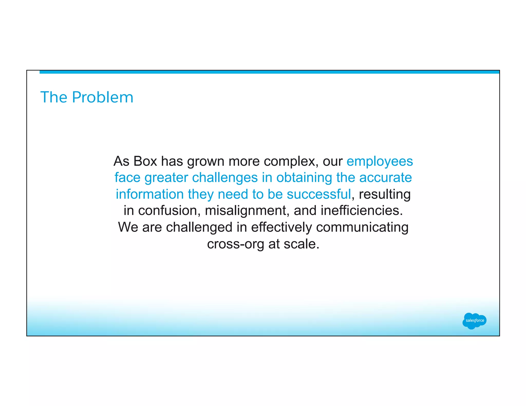 The Problem
As Box has grown more complex, our employees
face greater challenges in obtaining the accurate
information they need to be successful, resulting
in confusion, misalignment, and inefficiencies.
We are challenged in effectively communicating
cross-org at scale.
 