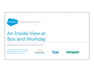 An Inside View at
Box and Workday
​ Craig Butler, Vice President, Workday
​ Anisha Vaswani, Vice President, Box
​ Patrick Morrissey, CRO, Simpplr
Managing for Growth and Employee Success
 