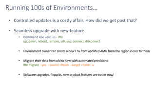 Running 100s of Environments…
• Controlled updates is a costly affair. How did we get past that?
• Seamless upgrade with new feature
• Command line utilities - lfte
up, down, reboot, remove, ssh, exe, connect, disconnect
• Environment owner can create a new Env from updated AMIs from the region closer to them
• Migrate their data from old to new with automated precisions
lfte migrate --yes --source <fteid> --target <fteid> -v
• Software upgrades, fixpacks, new product features are easier now!
 