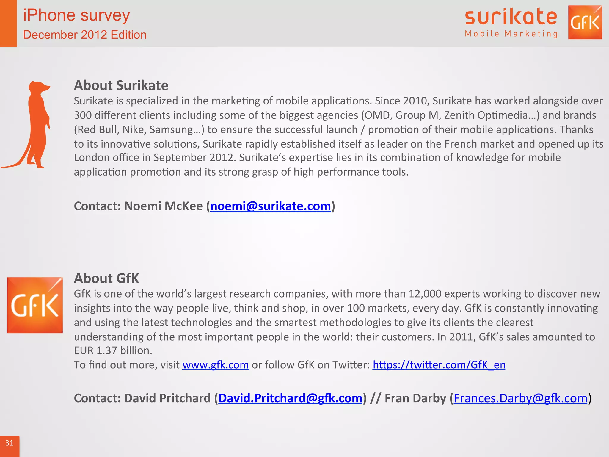 iPhone survey                          iPhone survey                                  iPhone users spend, on average, 11-and-a-half
         December 2012 Edition                  December 2012 Edition                                      minutes on the App Store per visit



                 About	
  Surikate	
  
                 Surikate	
  is	
  specialized	
  in	
  the	
  markeLng	
  of	
  mobile	
  applicaLons.	
  Since	
  2010,	
  Surikate	
  has	
  worked	
  alongside	
  over	
  
                 300	
  diﬀerent	
  clients	
  including	
  some	
  of	
  the	
  biggest	
  agencies	
  (OMD,	
  Group	
  M,	
  Zenith	
  OpLmedia…)	
  and	
  brands	
  
                 (Red	
  Bull,	
  Nike,	
  Samsung…)	
  to	
  ensure	
  the	
  successful	
  launch	
  /	
  promoLon	
  of	
  their	
  mobile	
  applicaLons.	
  Thanks	
  
                 to	
  its	
  innovaLve	
  soluLons,	
  Surikate	
  rapidly	
  established	
  itself	
  as	
  leader	
  on	
  the	
  French	
  market	
  and	
  opened	
  up	
  its	
  
                 London	
  oﬃce	
  in	
  September	
  2012.	
  Surikate’s	
  experLse	
  lies	
  in	
  its	
  combinaLon	
  of	
  knowledge	
  for	
  mobile	
  
                 applicaLon	
  promoLon	
  and	
  its	
  strong	
  grasp	
  of	
  high	
  performance	
  tools.	
  
                 	
  
                 Contact:	
  Noemi	
  McKee	
  (noemi@surikate.com)	
  
                 	
  
                 	
  
                 	
  
                 About	
  GfK	
  
                 GfK	
  is	
  one	
  of	
  the	
  world’s	
  largest	
  research	
  companies,	
  with	
  more	
  than	
  12,000	
  experts	
  working	
  to	
  discover	
  new	
  
                 insights	
  into	
  the	
  way	
  people	
  live,	
  think	
  and	
  shop,	
  in	
  over	
  100	
  markets,	
  every	
  day.	
  GfK	
  is	
  constantly	
  innovaLng	
  
                 and	
  using	
  the	
  latest	
  technologies	
  and	
  the	
  smartest	
  methodologies	
  to	
  give	
  its	
  clients	
  the	
  clearest	
  
                 understanding	
  of	
  the	
  most	
  important	
  people	
  in	
  the	
  world:	
  their	
  customers.	
  In	
  2011,	
  GfK’s	
  sales	
  amounted	
  to	
  
                 EUR	
  1.37	
  billion.	
  
                 To	
  ﬁnd	
  out	
  more,	
  visit	
  www.gs.com	
  or	
  follow	
  GfK	
  on	
  Twifer:	
  hfps://twifer.com/GfK_en	
  
                 	
  
                 Contact:	
  David	
  Pritchard	
  (David.Pritchard@gS.com)	
  //	
  Fran	
  Darby	
  (Frances.Darby@gs.com)	
  
                 	
  
31	
  
                 	
  
 