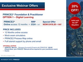 PRINCE2® Foundation & Practitioner
OPTION 1 – Digital Learning
PRICE INCLUDES
• 12 Months online access
• Mock exam simulators
• PRINCE2 Process Map online
• Full tutorial support by phone and email
OPTIONAL EXTRAS
• PRINCE2® Manual – ‘Managing Successful Projects with PRINCE2®’ £59.95
(Please Note: your PRINCE2® Manual will be required for your practitioner exam)
• Exams
Exclusive Webinar Offers
PRINCE2® RRP Special Offer
Online access 12 months = £524 + VAT NOW £419.20 + VAT
20%
OFF!
VAT will be charged at 20%
AN INSIGHT INTO: PRINCE2®
Valid until
the 29th
May2015
 