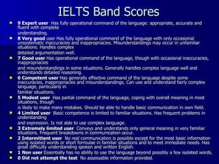 IELTS Band Scores 9 Expert user   Has fully operational command of the language: appropriate, accurate and fluent with complete understanding.  8 Very good  user Has fully operational command of the language with only occasional unsystematic inaccuracies and inappropriacies. Misunderstandings may occur in unfamiliar situations. Handles complex detailed argumentation well.  7 Good user  Has operational command of the language, though with occasional inaccuracies, inappropriacies and misunderstandings in some situations. Generally handles complex language well and understands detailed reasoning. 6 Competent user  Has generally effective command of the language despite some inaccuracies, inappropriacies and misunderstandings. Can use and understand fairly complex language, particularly in  familiar situations.  5 Modest user   Has partial command of the language, coping with overall meaning in most situations, though  is likely to make many mistakes. Should be able to handle basic communication in own field.  4 Limited user   Basic competence is limited to familiar situations. Has frequent problems in understanding  and expression. Is not able to use complex language.  3 Extremely limited user   Conveys and understands only general meaning in very familiar situations. Frequent breakdowns in communication occur.  2 Intermittent user   No real communication is possible except for the most basic information using isolated words or short formulae in familiar situations and to meet immediate needs. Has great difficulty understanding spoken and written English.  1 Non user  Essentially has no ability to use the language beyond possibly a few isolated words.  0 Did not attempt the test   No assessable information provided. 