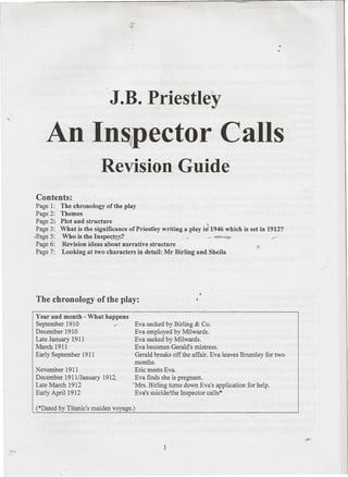 J.B. Priestley,
An Ins;Jpector Calls
Revision Guide
Contents:
Page 1:
Page 2:
Page 2:
Page 3:
,.;p,.age 5:
Page 6:
Page7:
The chronology of the play
Themes
Plot and structure . 
What is the significance of Priestley writing ~ play in:1946 which is set in 1912?
Who is the Inspec..t~? ---~~ ~~
Revision ideas about narrative structure .
Looking at two characters in detail: Mr Birling and Sheila
The chronology 'of the play:
Year and month - What 'happens
September 1910 -'
December 1910
Late January 1911
March 1911
Early September 1911
Eva sacked by Bir1ing & Co.
Eva employed by Milwards.
Eva sacked by Milwards.
Eva becomes Gerald's mistress.
Gerald breaks off the affair. Eva leaves Brumley for two
months. .
Eric meets Eva.
Eva fmds she is pregnant.
'Mrs. Birting turns down Eva's application for help.
Eva's suicide/the Inspector calls*
'November 1911
December 1911/January 1912(
Late March 1912
Early Apri11912
 