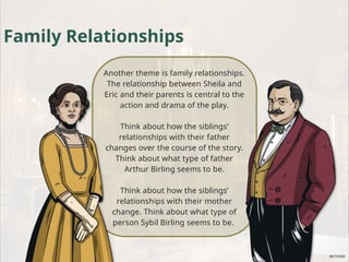 Another theme is family relationships.
The relationship between Sheila and
Eric and their parents is central to the
action and drama of the play.
Think about how the siblings’
relationships with their father
changes over the course of the story.
Think about what type of father
Arthur Birling seems to be.
Think about how the siblings’
relationships with their mother
change. Think about what type of
person Sybil Birling seems to be.
Family Relationships
 