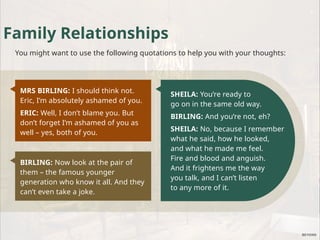 Family Relationships
You might want to use the following quotations to help you with your thoughts:
MRS BIRLING: I should think not.
Eric, I’m absolutely ashamed of you.
ERIC: Well, I don’t blame you. But
don’t forget I’m ashamed of you as
well – yes, both of you.
SHEILA: You’re ready to
go on in the same old way.
BIRLING: And you’re not, eh?
SHEILA: No, because I remember
what he said, how he looked,
and what he made me feel.
Fire and blood and anguish.
And it frightens me the way
you talk, and I can’t listen
to any more of it.
BIRLING: Now look at the pair of
them – the famous younger
generation who know it all. And they
can’t even take a joke.
 